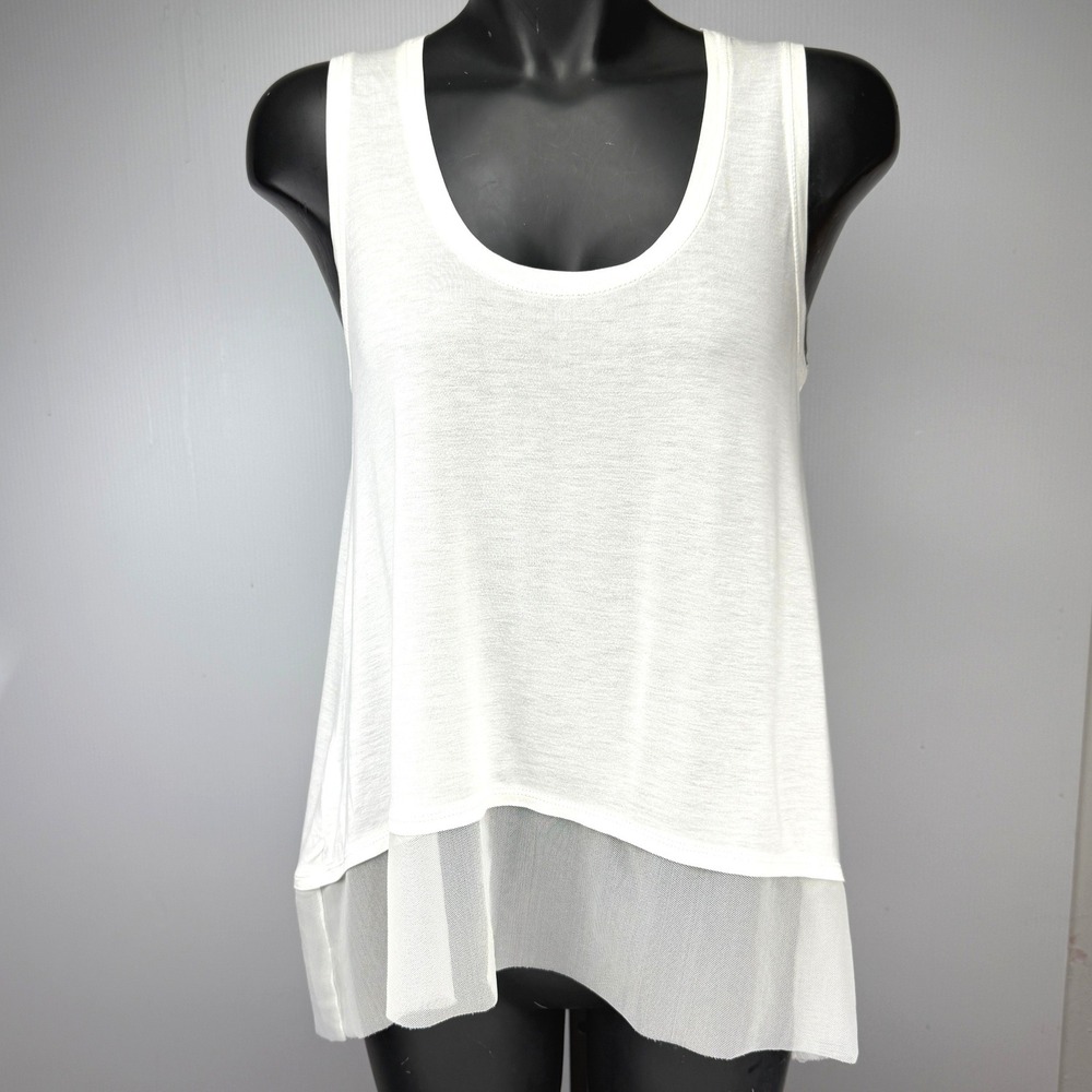 BCBGMAXAZRIA "Clover" White Modal‎ Mesh Trim High Low Scoop Neck Tank Top S